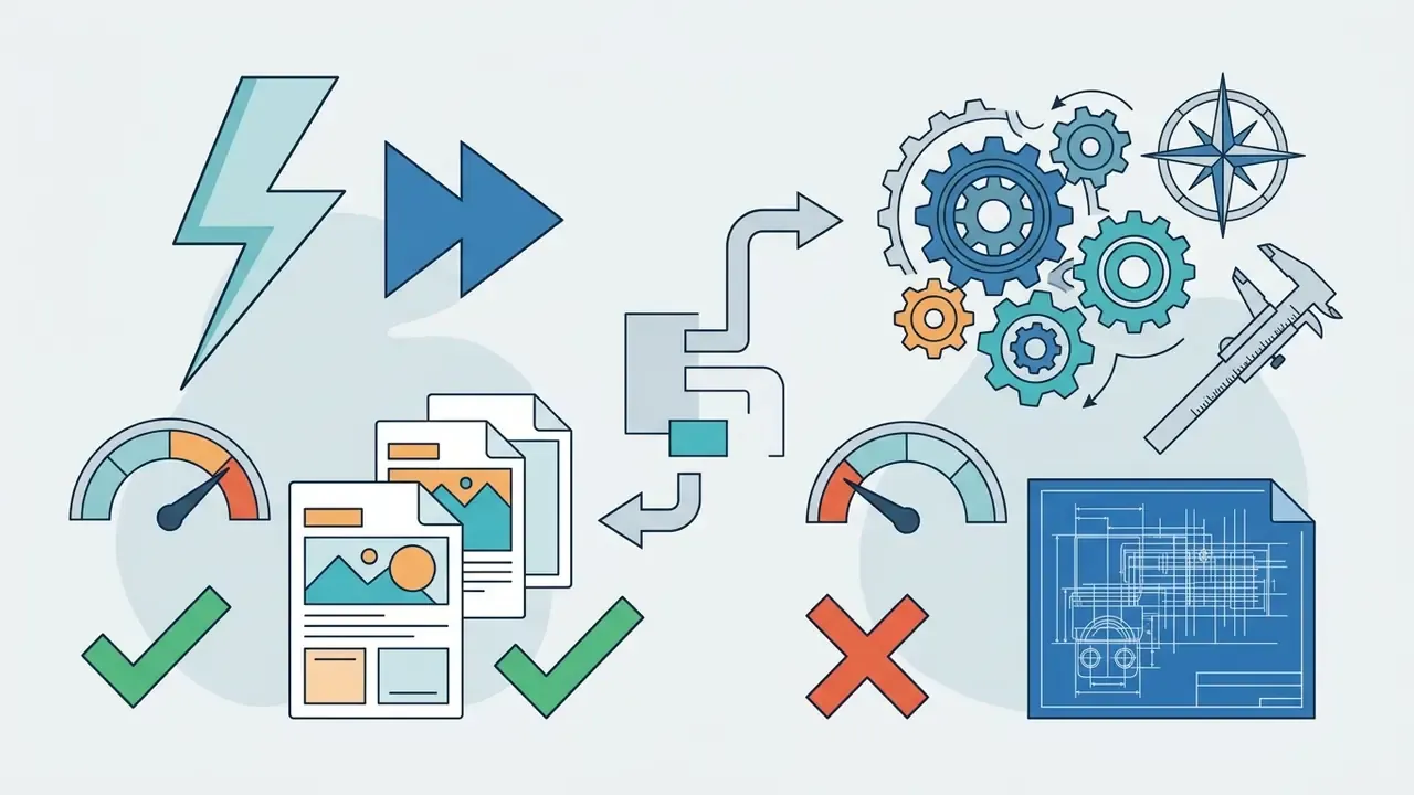 Documents and speedometers flow through a gear system to generate blueprints and status indicators