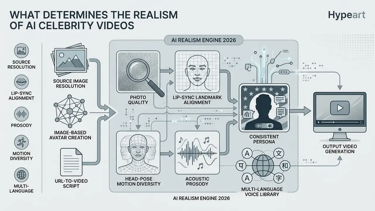 Technical breakdown of five variables impacting the realism of AI celebrity videos through a central engine