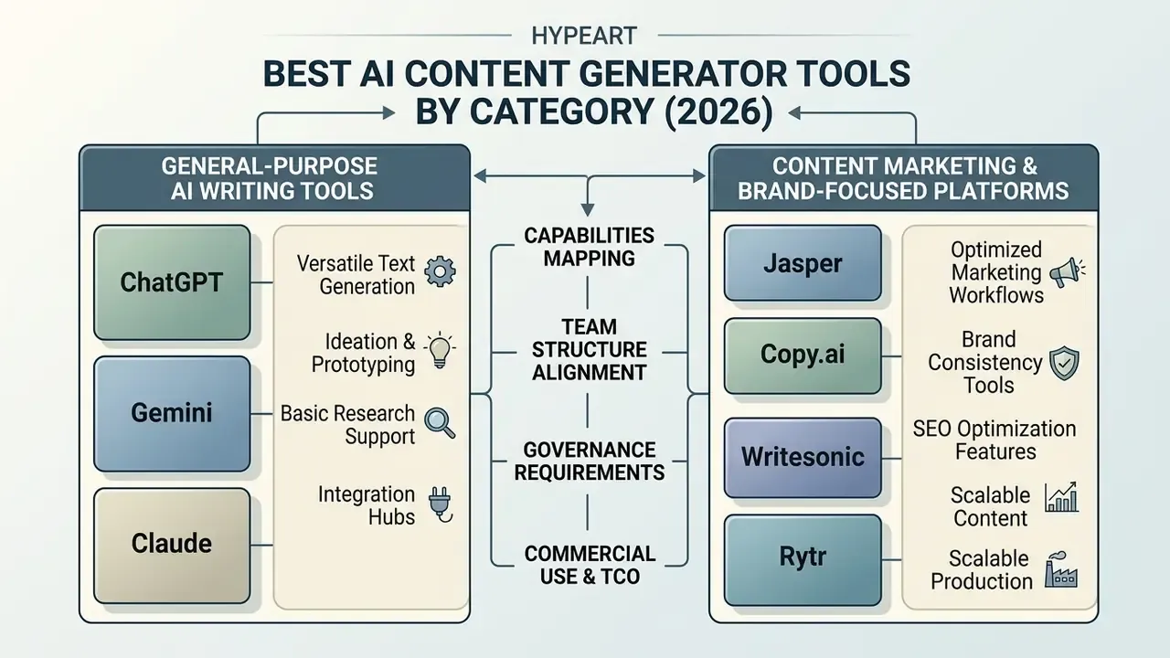 Comparison chart dividing AI content generator tools into general-purpose writing and brand-focused platforms