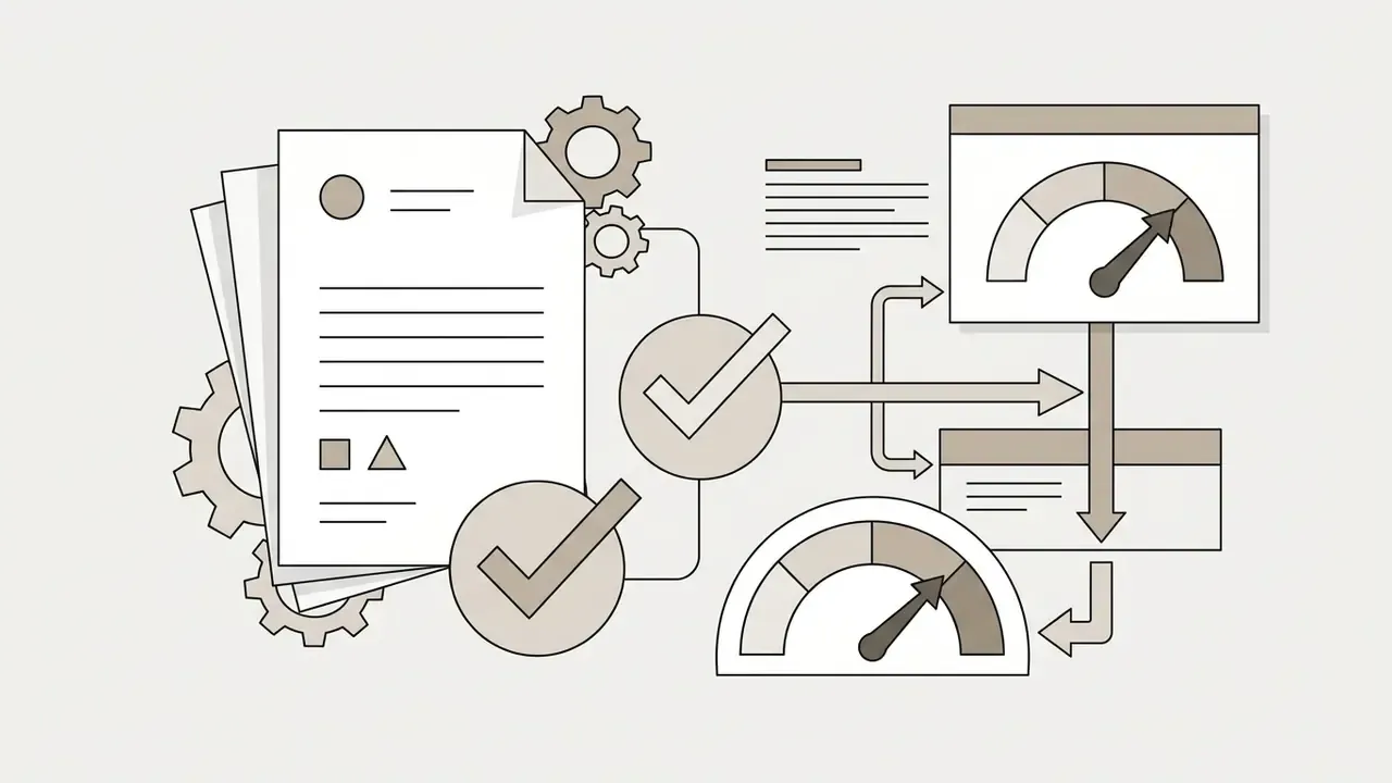 Document pages with gears and checkmarks connecting to gauges and data processing windows