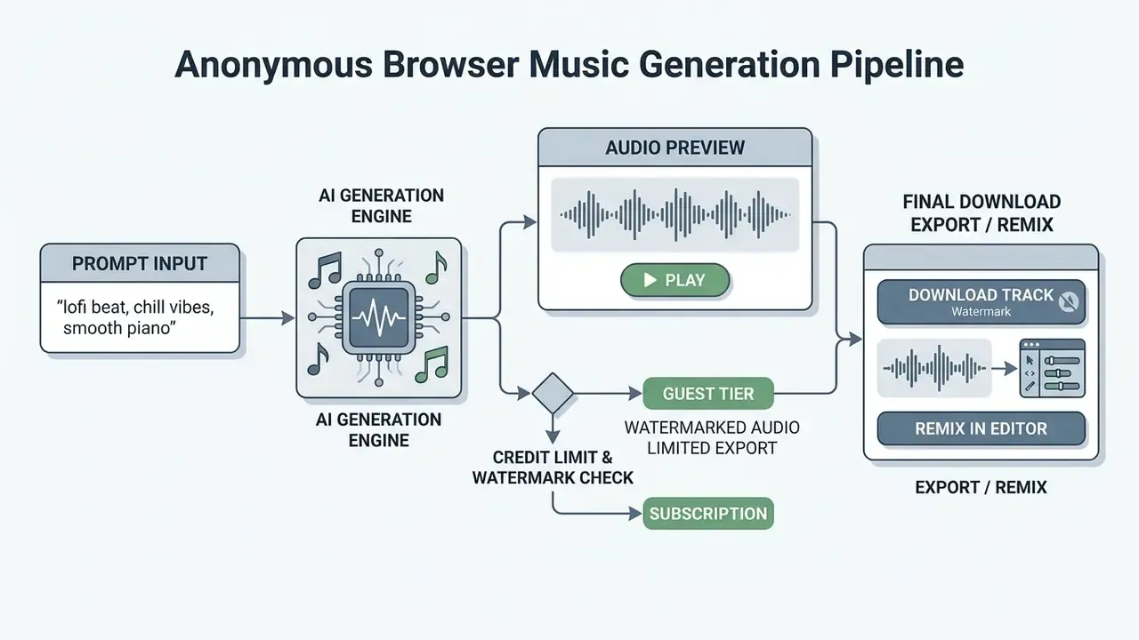 Sequential diagram showing text prompt input leading to AI audio generation, preview, and final download