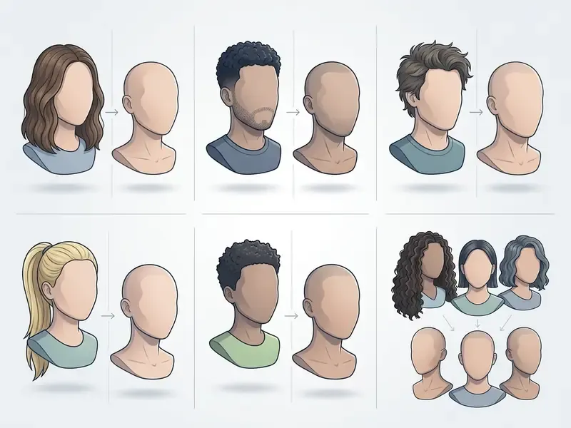 Grid of illustrations showing various hairstyles transforming into smooth shaved head results