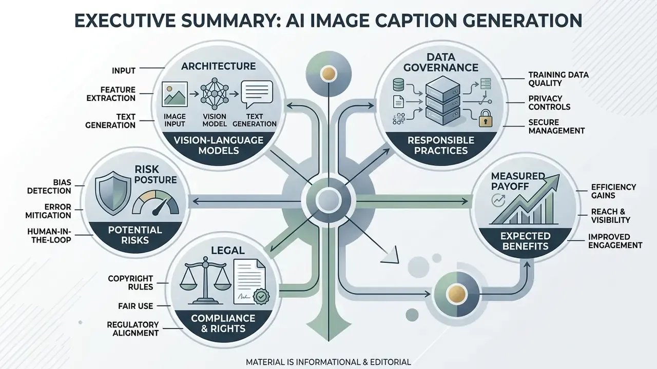 Circular infographic showing architecture, risk, legal, data governance, and payoff for AI image captioning