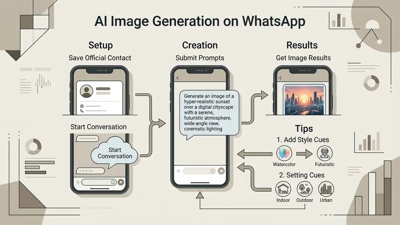 Step-by-step guide showing how to generate AI images on WhatsApp using prompts and style cues