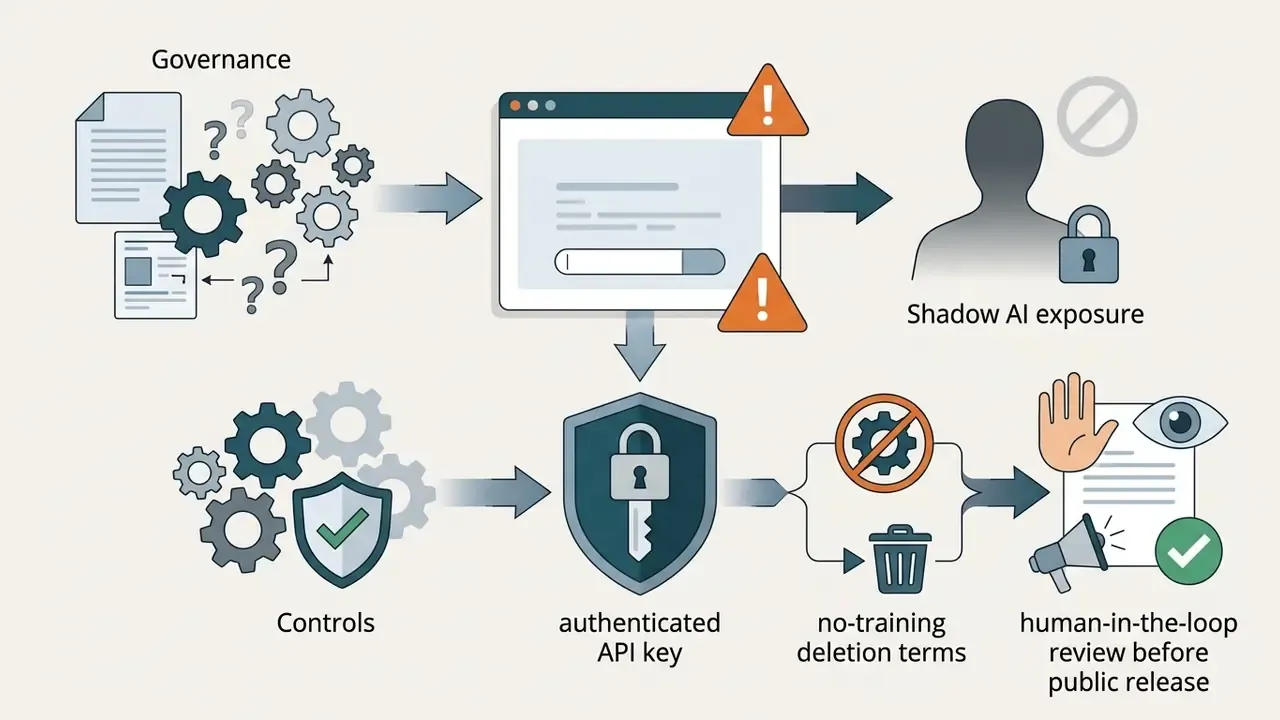 Process flow showing the transition from unmanaged Shadow AI exposure to secure authenticated API controls