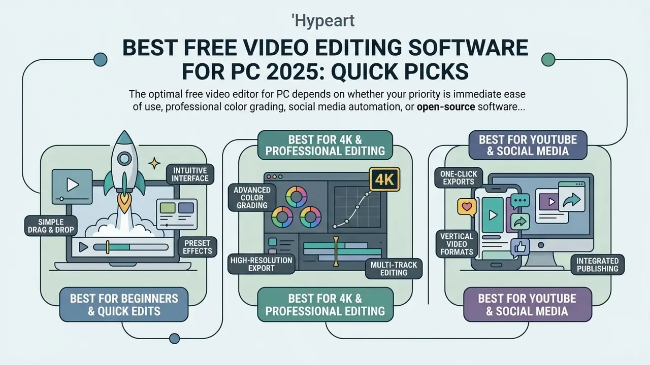 Infographic comparing free video editing software features for beginners, professionals, and social media