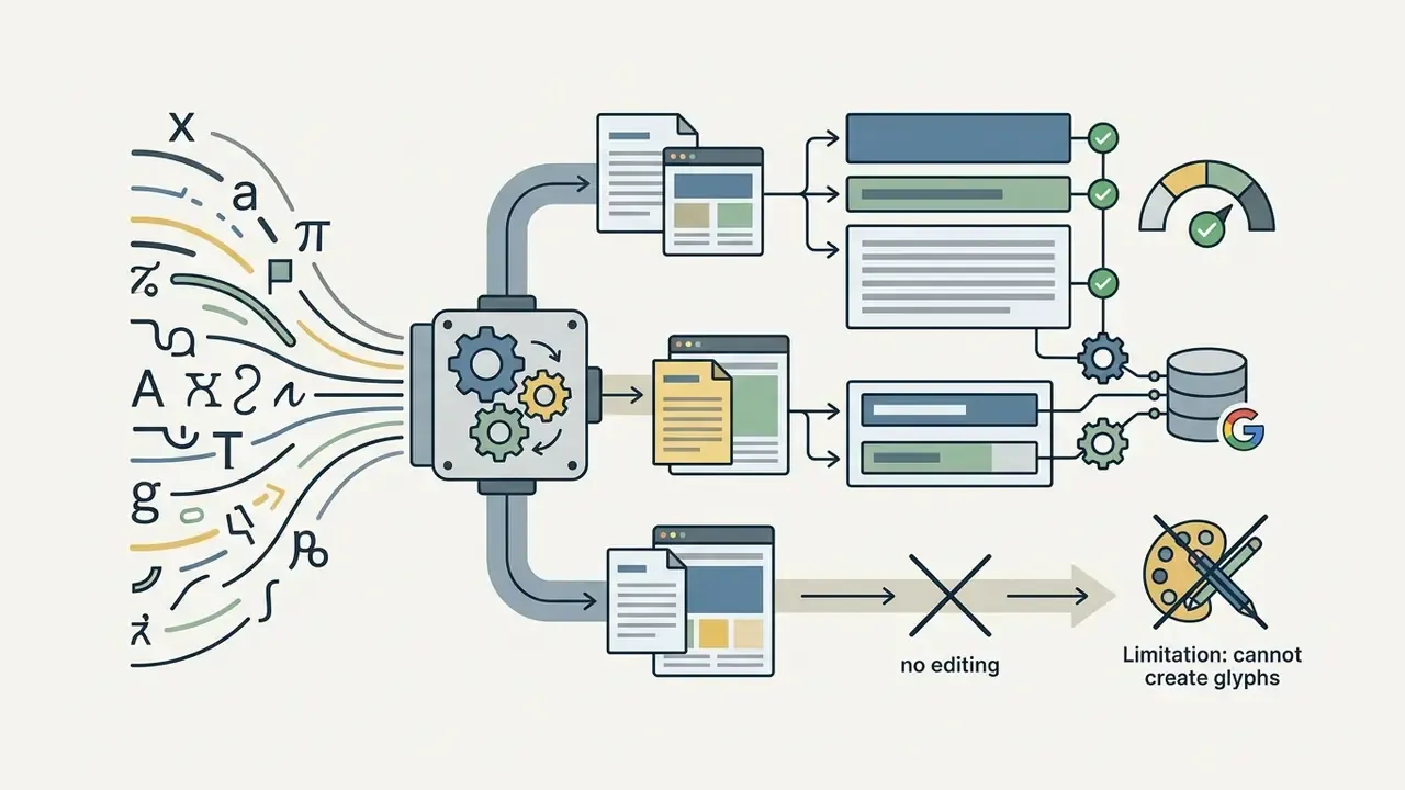 Flowchart showing characters feeding into a gear processor to generate font pairings from a database
