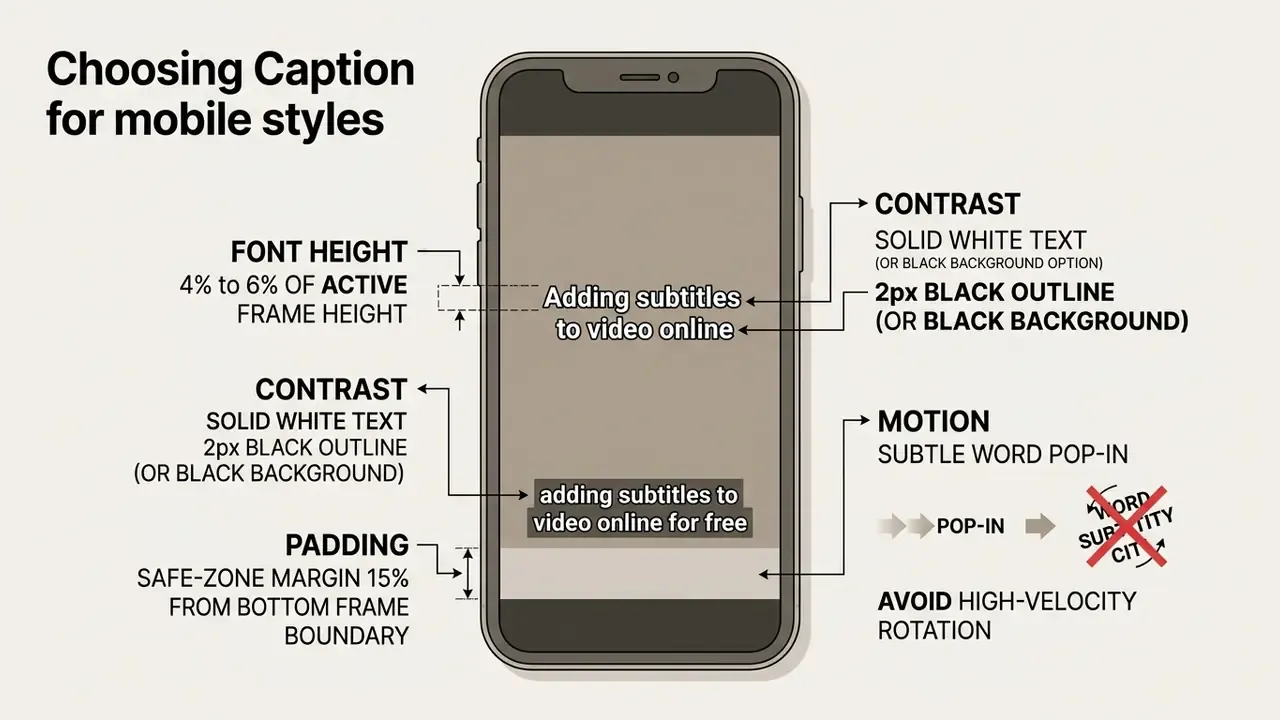 Smartphone screen showing guidelines for font height, contrast, padding, and motion for mobile video subtitles