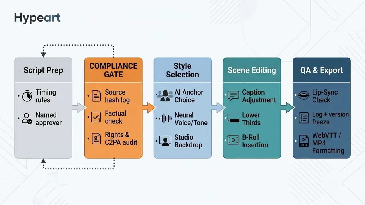 Sequential process diagram showing five stages of broadcast production from script preparation to final export