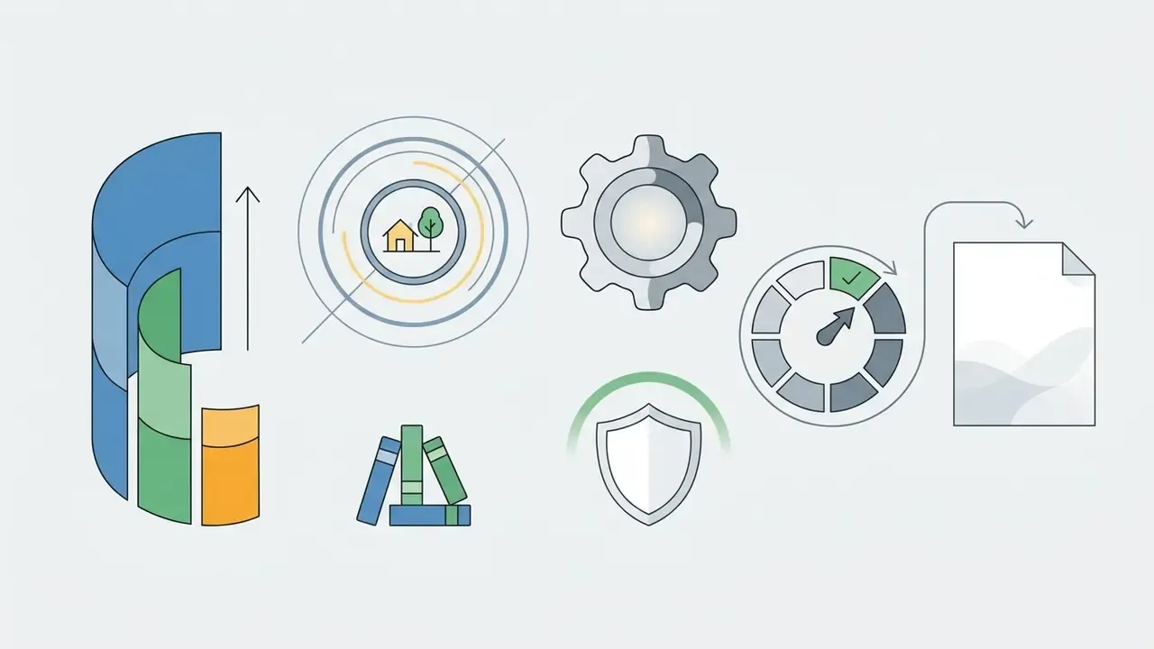 Stacked bar chart, target icon, gear, shield, and a circular gauge pointing to a document page