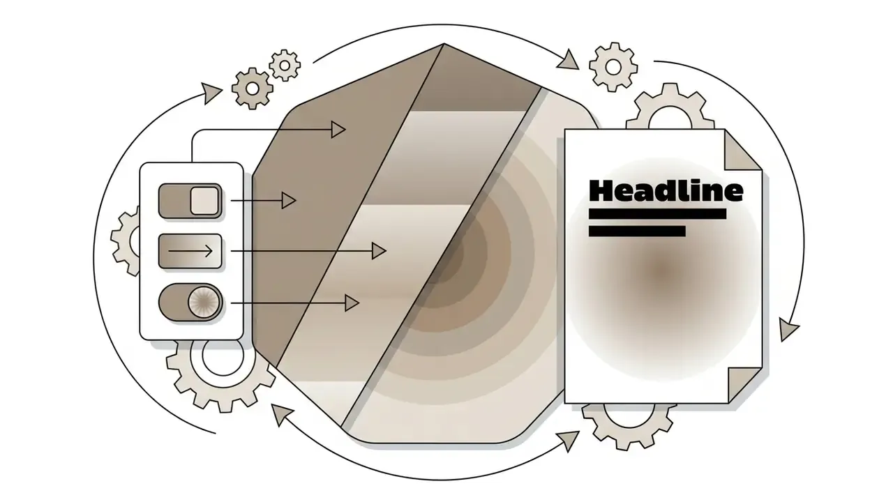 Control panel with toggle switches applying linear and radial gradient effects to a document headline