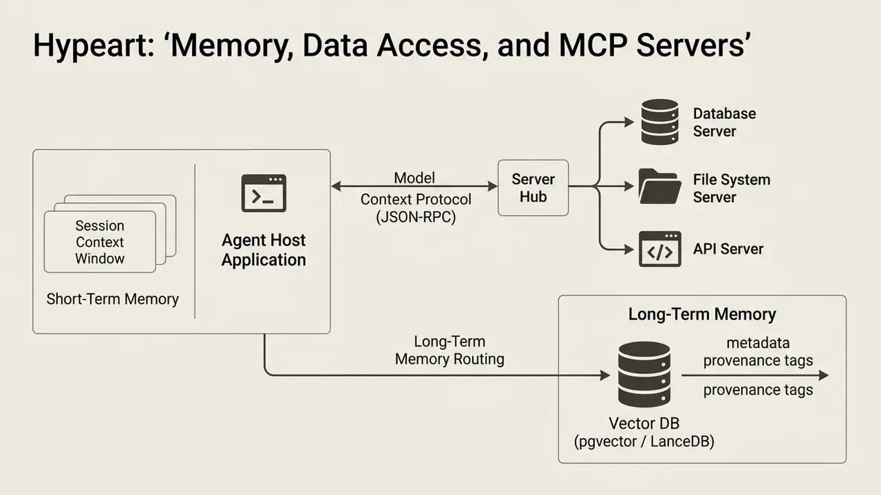 Architectural diagram showing an agent host connecting to MCP servers and routing to vector databases