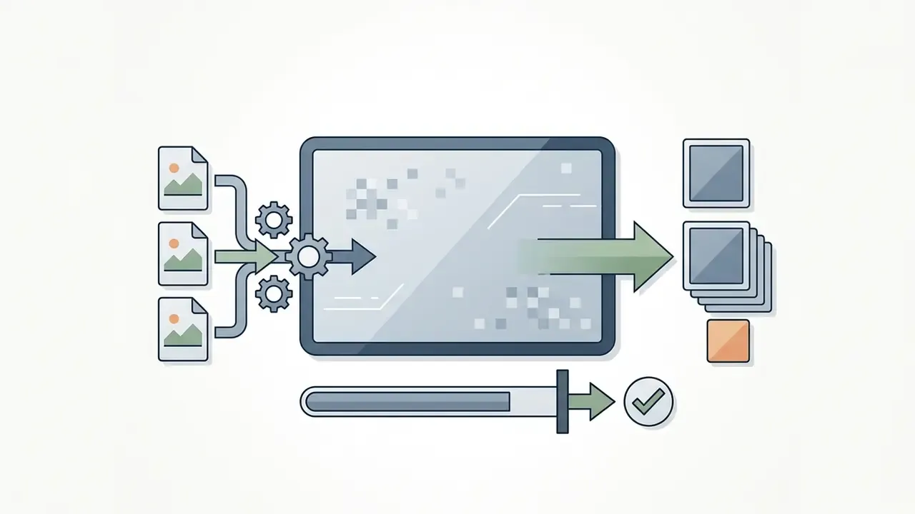 Image files processing through gears into a display screen and emerging as a stack of finished exports