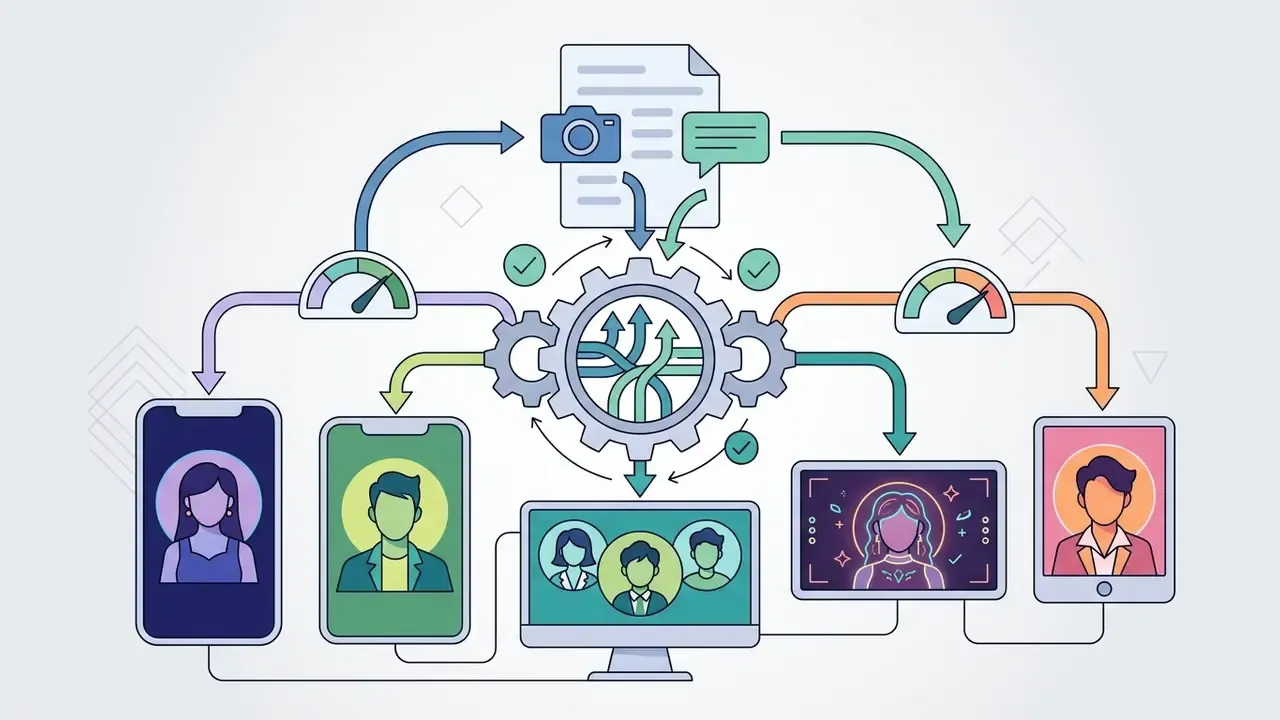 Central gear mechanism processing digital inputs into diverse character avatars across multiple screen devices