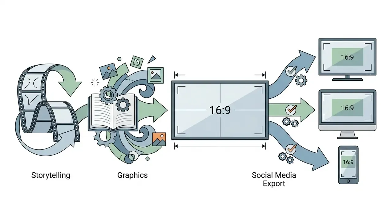 Film strip and graphics flowing into a 16:9 frame for display on monitors and mobile devices