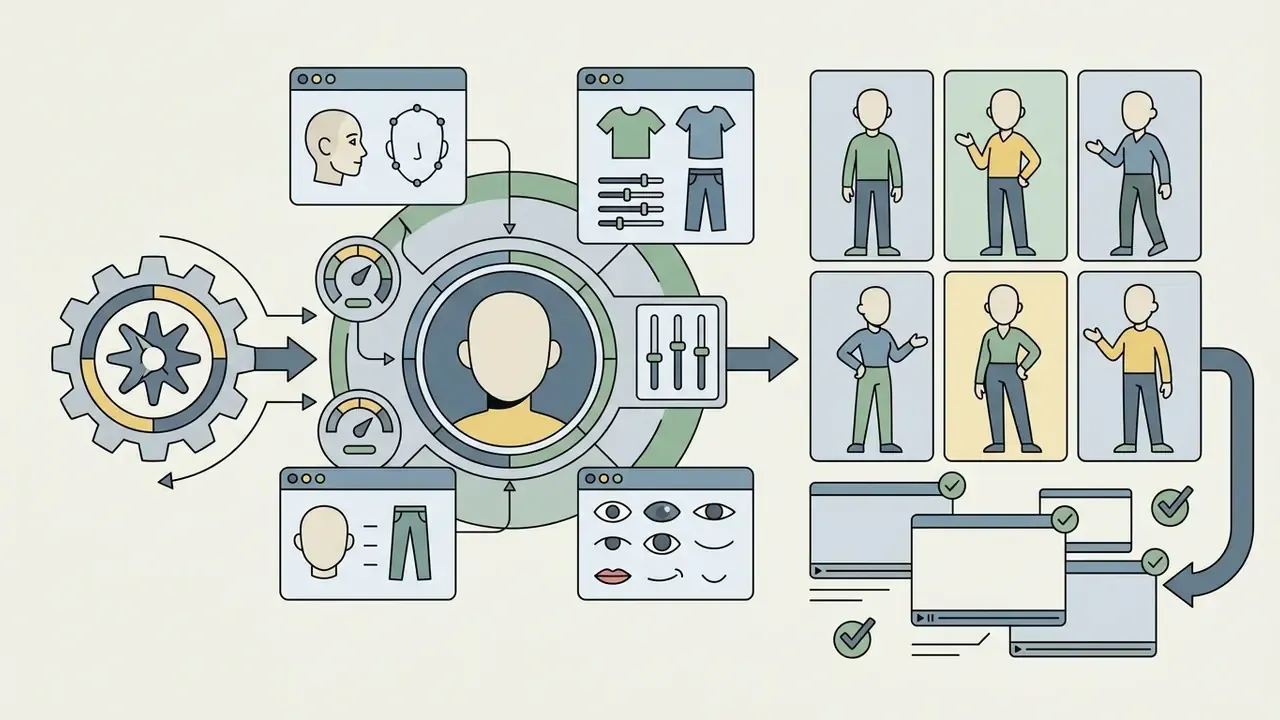 Central hub for configuring facial features and clothing to generate consistent animated character sets