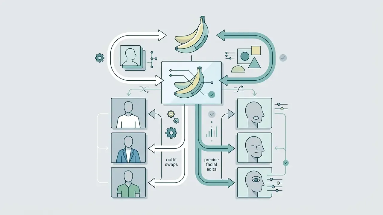 Banana icon processing image references into varied outfit swaps and precise facial edits