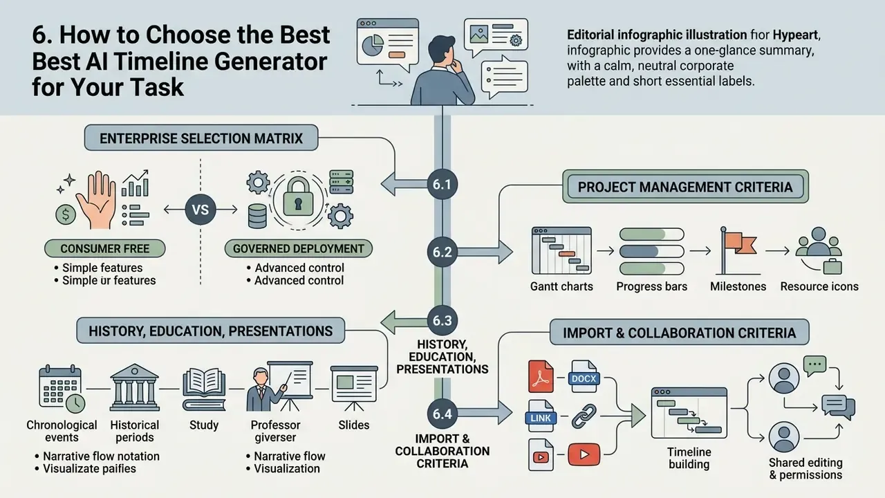 Infographic comparing selection criteria for project management tools and historical presentation software