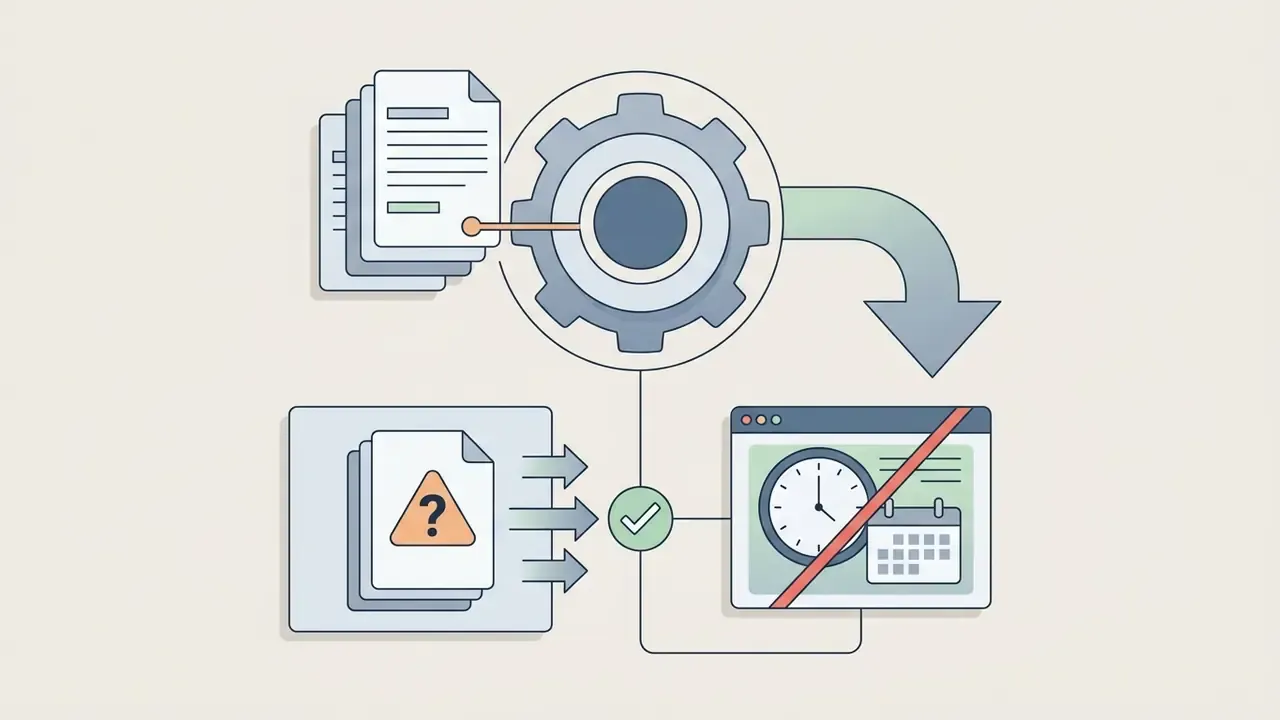 Documents moving through a gear processor into a browser window showing a crossed out clock and calendar