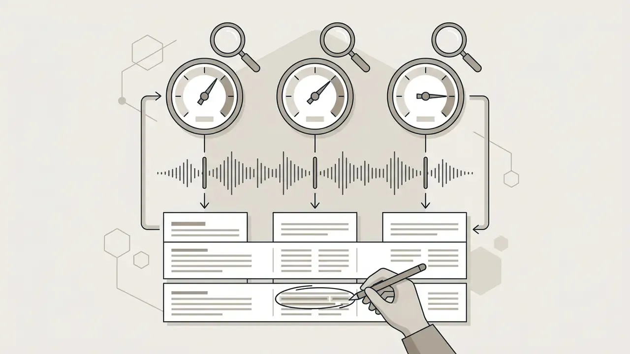 Hand editing a transcript while gauges monitor audio waveforms to ensure accurate timestamp alignment
