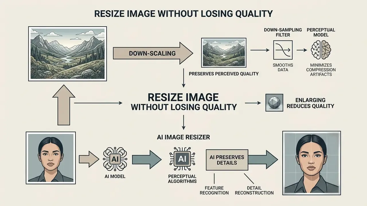 Diagram showing how down-scaling, enlargement, and AI models affect image quality during processing