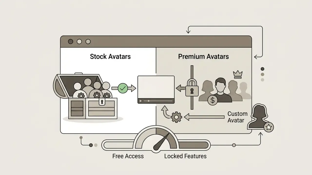 Dashboard showing stock avatars as accessible and premium or custom avatars behind a locked gate