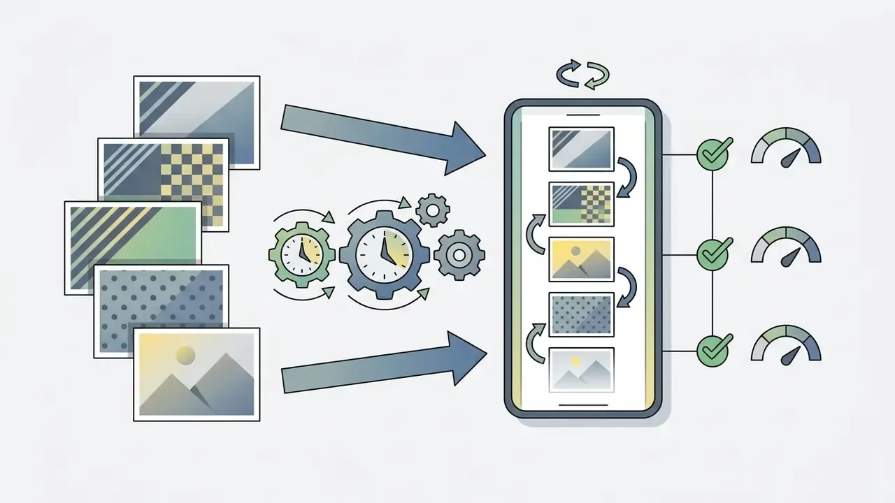 Diagram showing static images being processed into a vertical slideshow with timed transitions on a smartphone