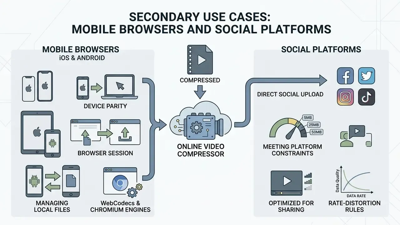 Mobile browser workflows and social platform upload requirements for processing digital media files
