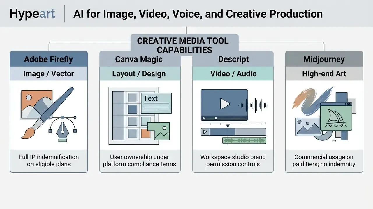 Four columns detailing commercial AI tool capabilities for image, design, video, and art production