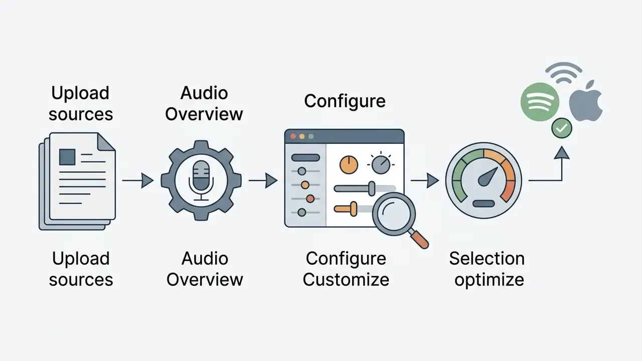 Linear process from document upload and audio configuration to performance optimization and distribution