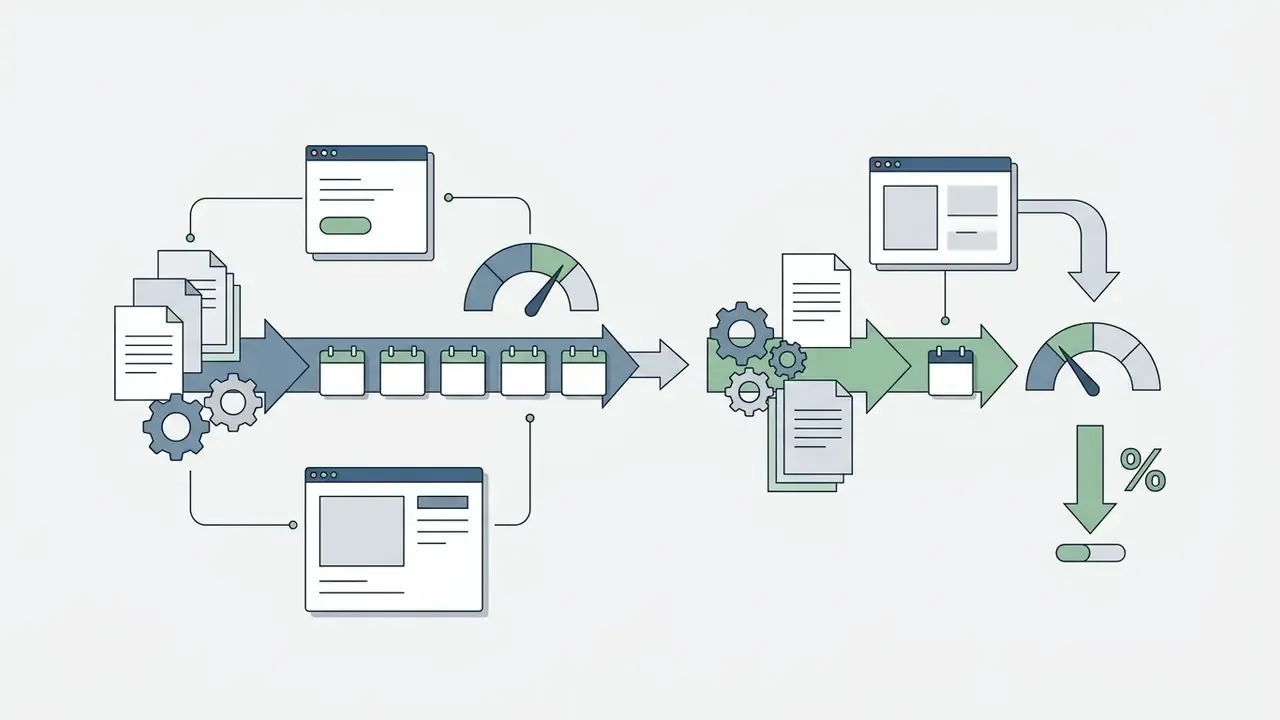 Comparison of manual and automated workflows showing reduced time and cost through streamlined processing