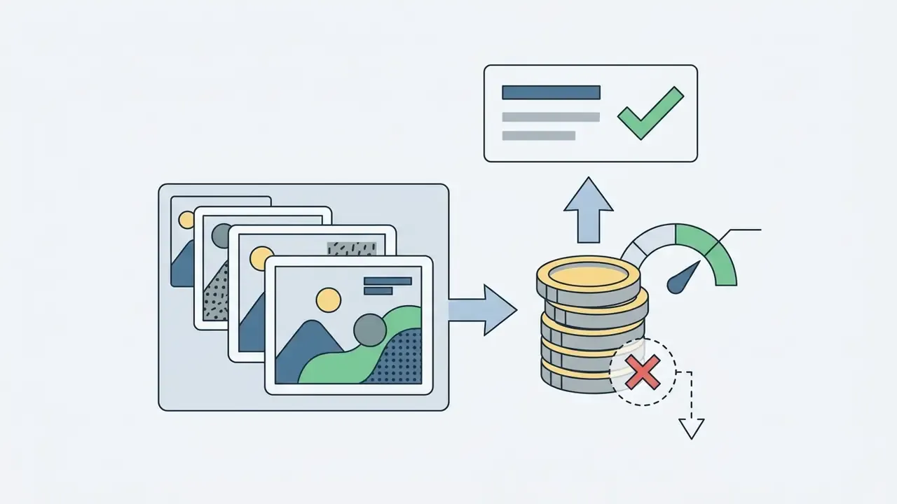 Stack of images linked to a credit meter with a warning icon for budget management