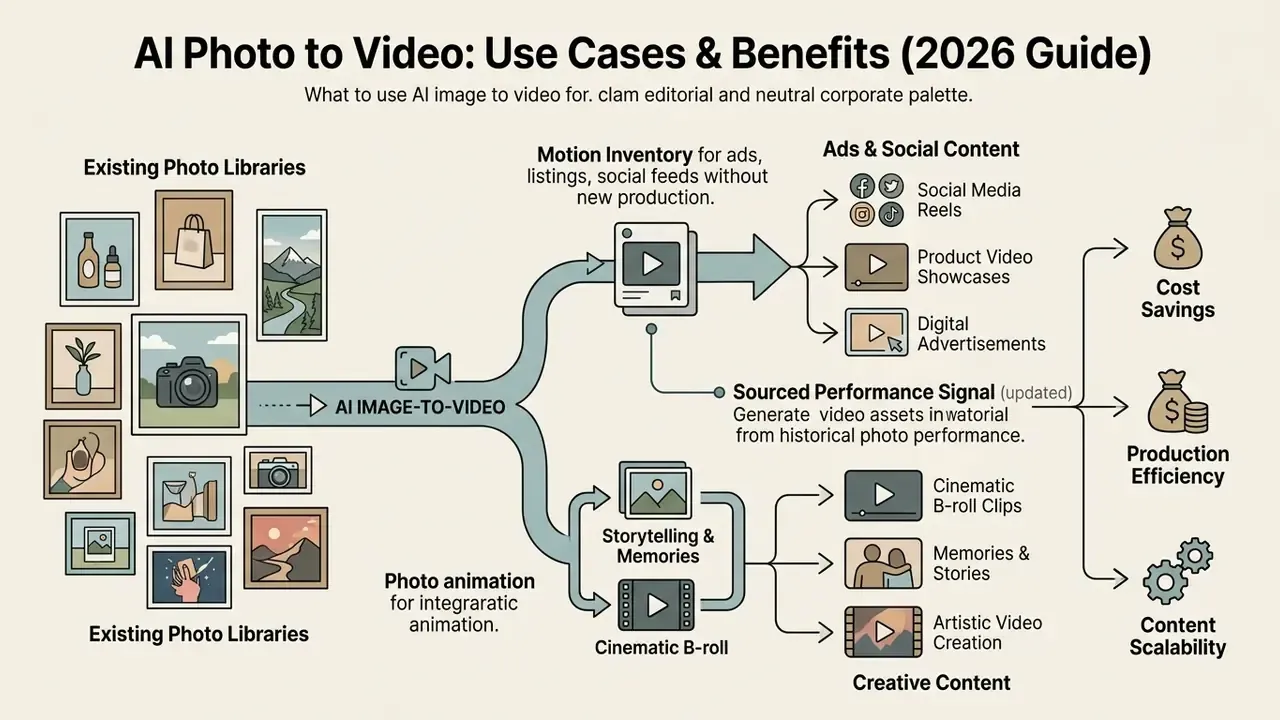 Diagram showing how static photo libraries convert into dynamic video assets for social media and ads