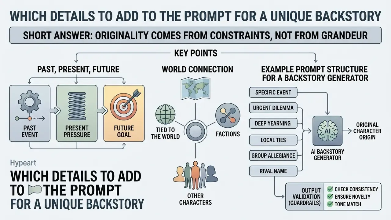 Infographic summarizing narrative elements like temporal goals, world connections, and prompt structures