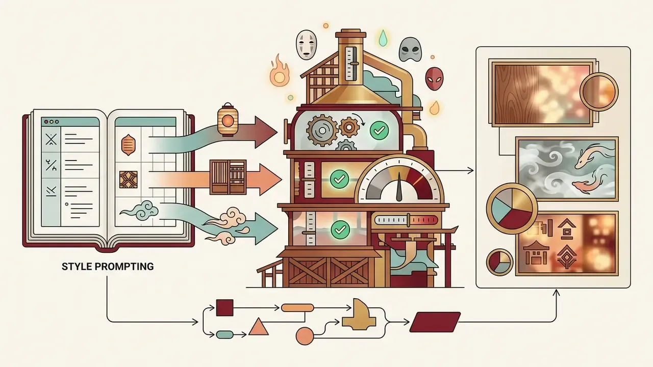 Diagram showing style prompts flowing into a bathhouse machine to produce stylized artistic outputs