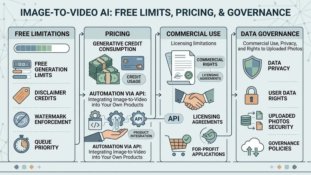 Four section diagram detailing generation limits, credit pricing, commercial licensing, and data privacy