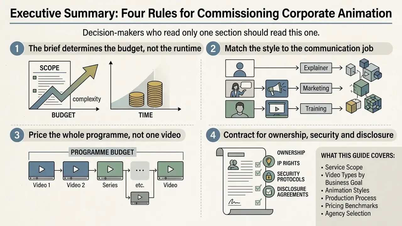 Infographic outlining four key rules for commissioning corporate animation projects