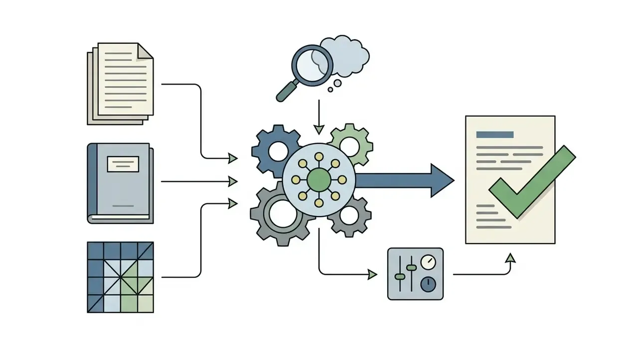 Documents and data feeding into a gear system for analysis and producing a verified output document