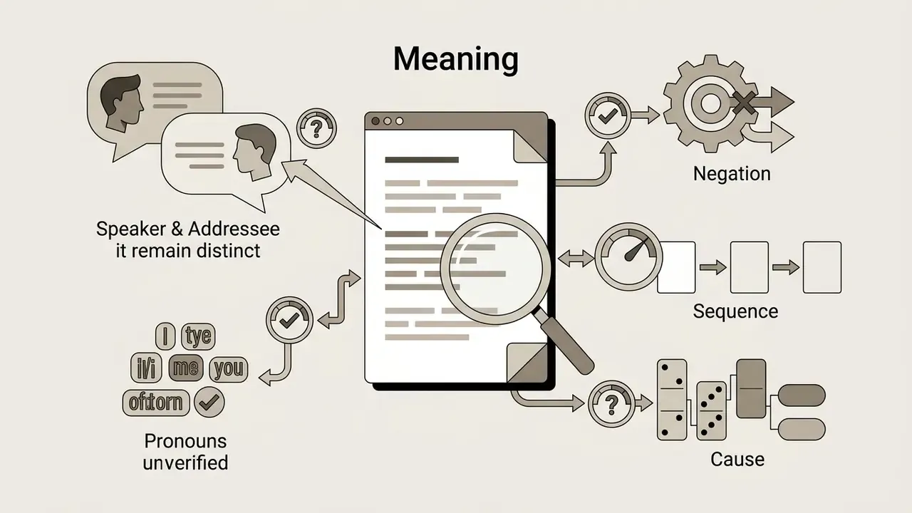 Document being reviewed for speaker, pronouns, negation, sequence, and cause using icons and a magnifying glass