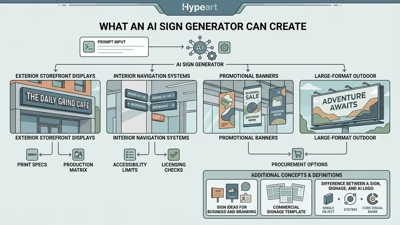 Flowchart illustrating how an AI sign generator creates storefronts, navigation, banners, and billboards