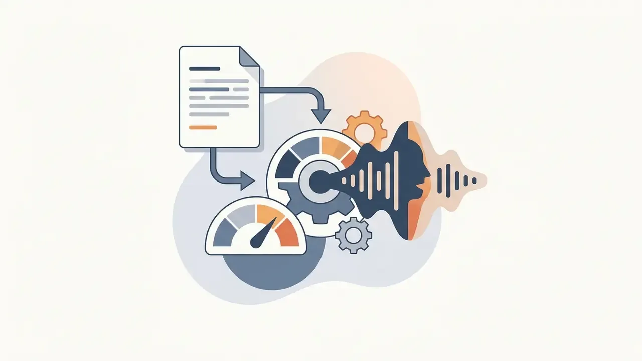 Document text being processed through gears and a gauge to generate a vocal sound wave
