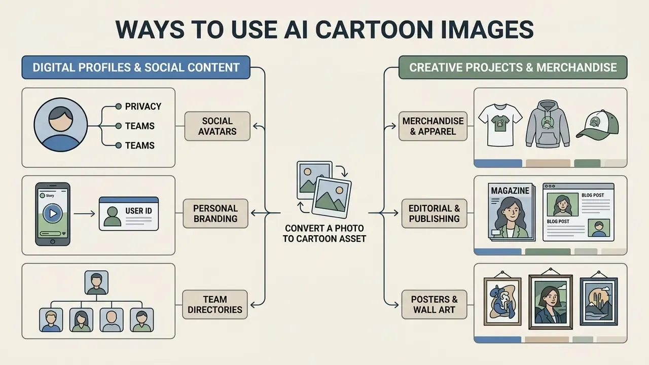 Infographic showing how a photo to cartoon AI tool creates assets for social profiles and merchandise