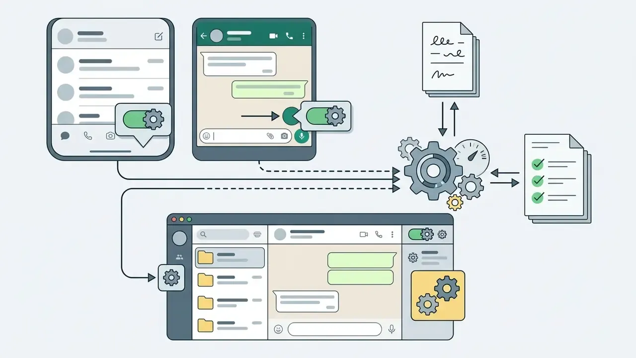 Mobile and desktop chat interfaces connecting to a central processing gear and documentation icons