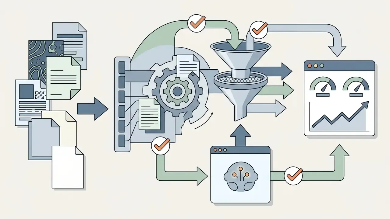Documents flowing into a gear mechanism and funnel that feeds a neural network to update dashboard metrics