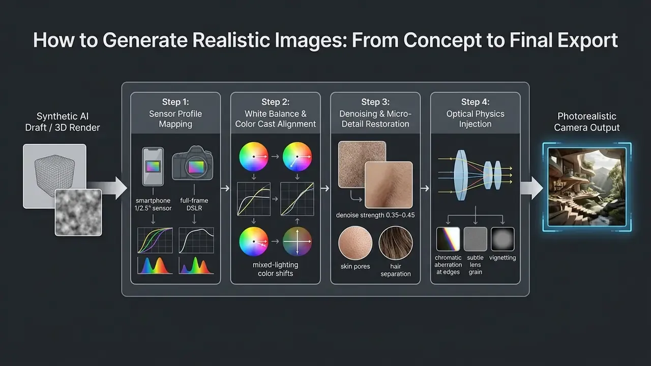 Four step workflow mapping sensor profiles, color alignment, denoising, and optical physics for output
