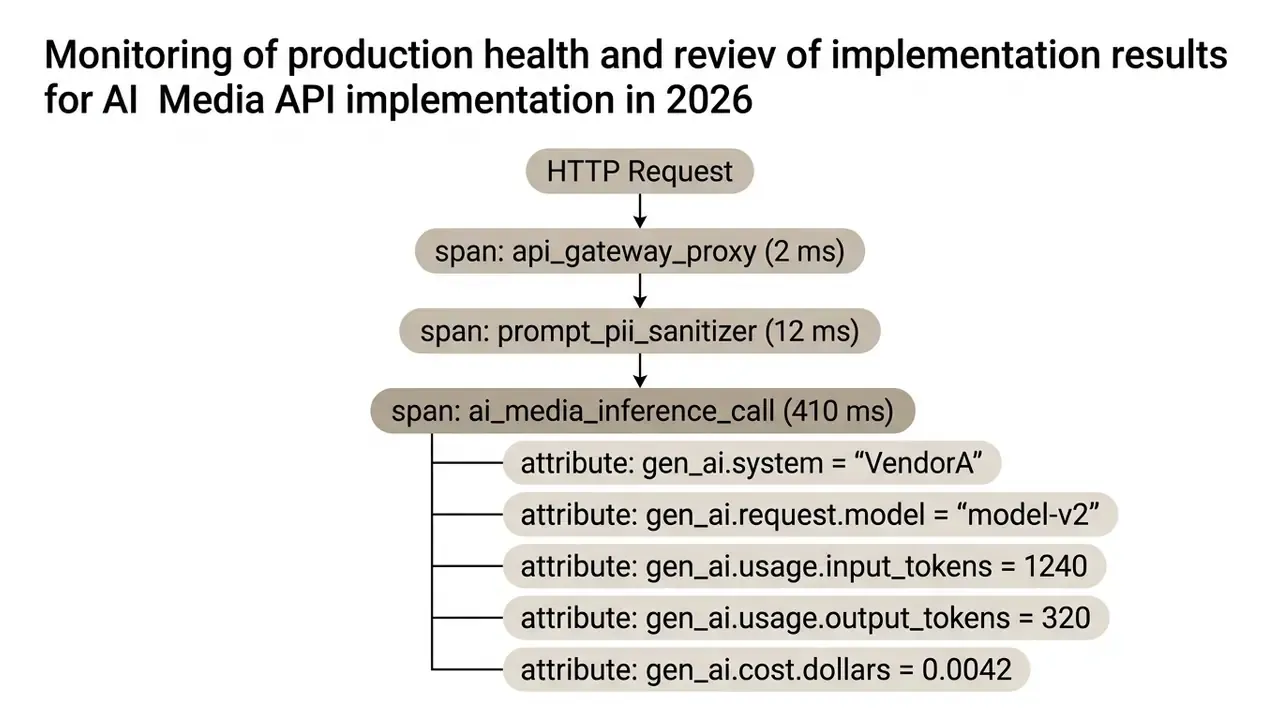 Hierarchical trace showing HTTP request spans and AI Media API metadata attributes for performance tracking