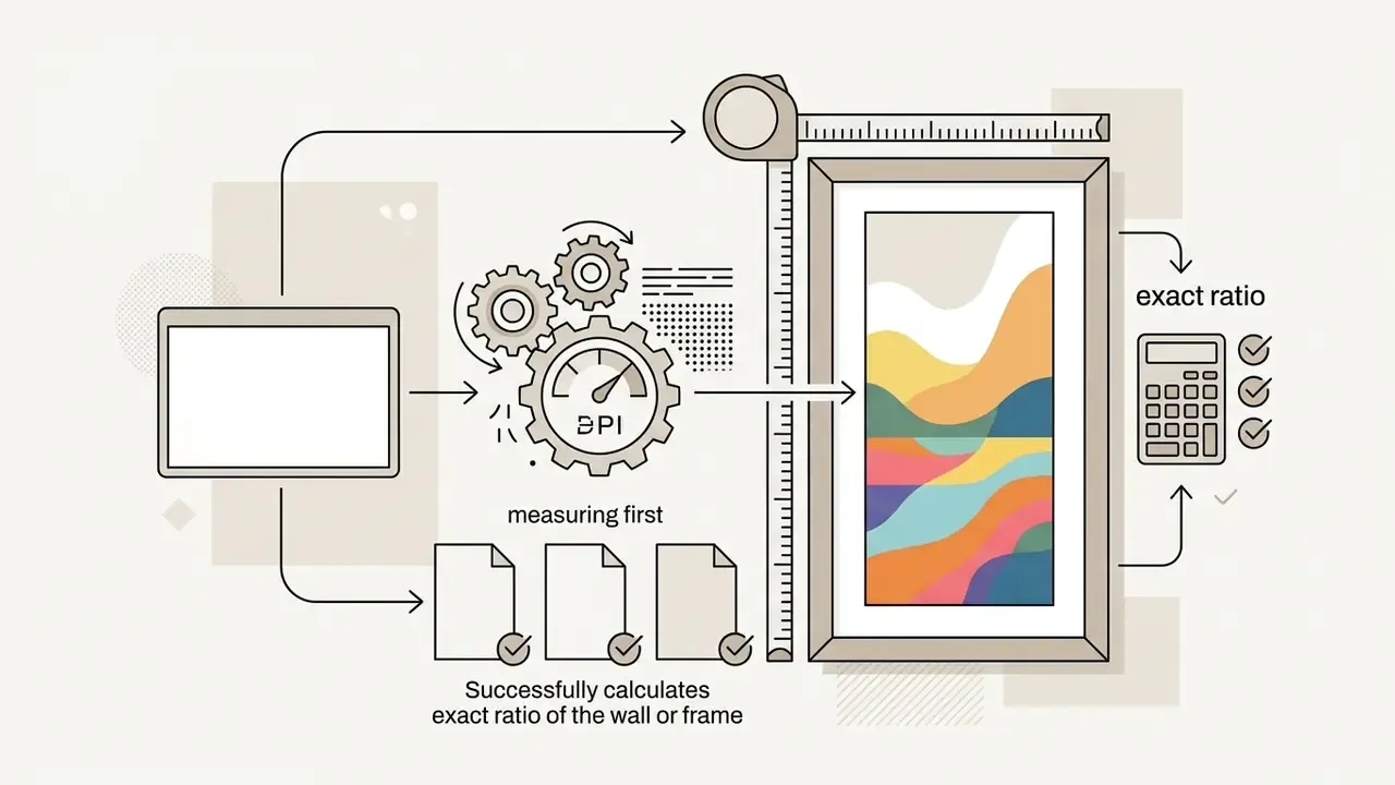 Flowchart showing a screen, gear mechanism, and measuring tool used to calculate frame aspect ratios