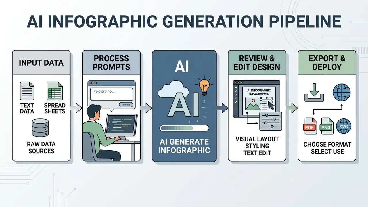 Sequential workflow showing data inputs processed by AI to create, customize, and export visual designs