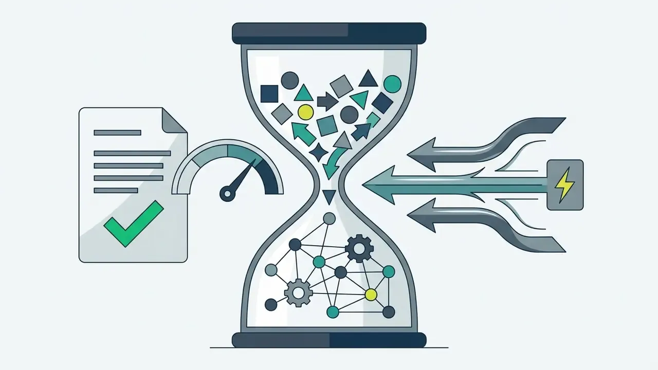 Hourglass with shapes passing through a speed gauge and an energy bolt to form a connected network