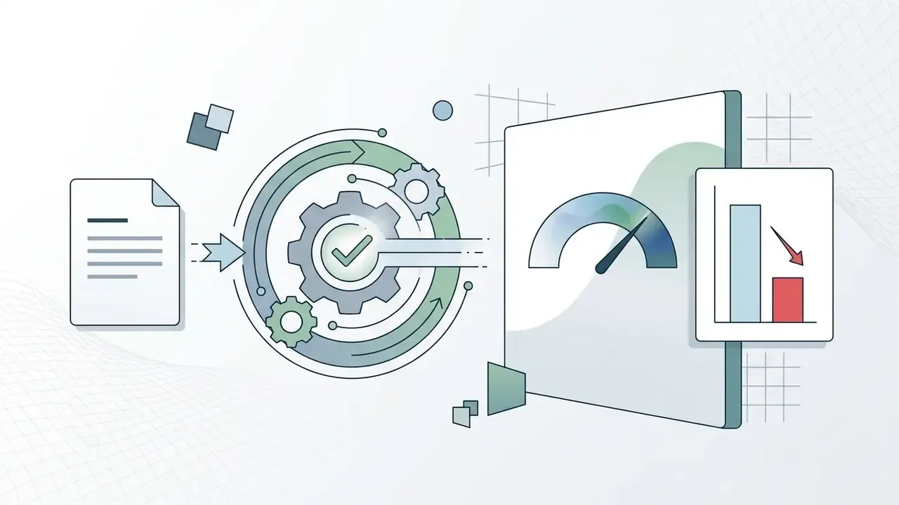Document processing through a gear mechanism leading to a performance gauge and a declining bar chart
